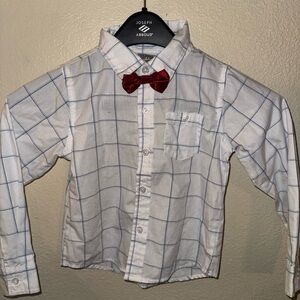 Dapper dude Kids White and Blue Plaid Shirt with Red Bow Tie